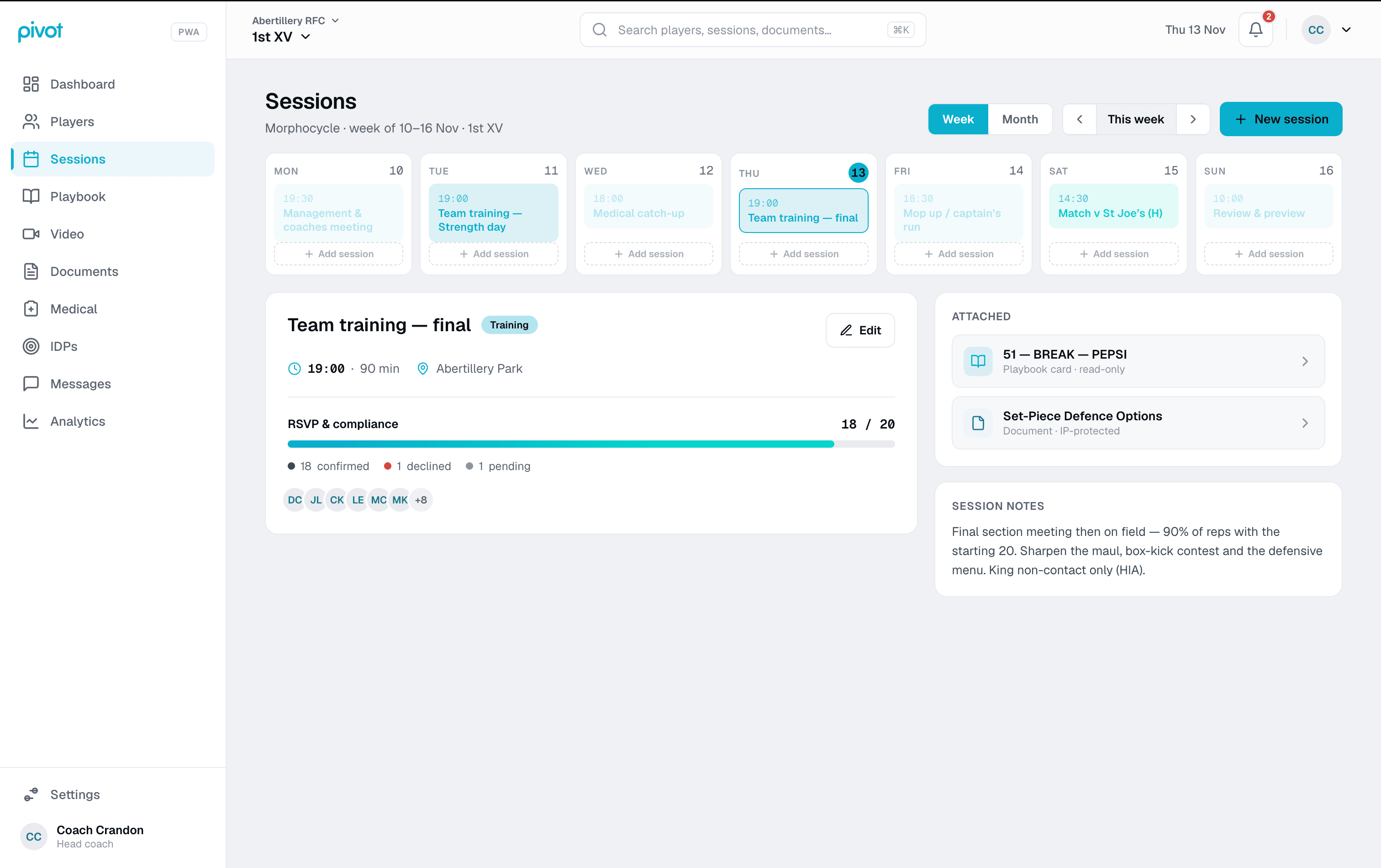 A weekly session plan in the Pivot coach workspace